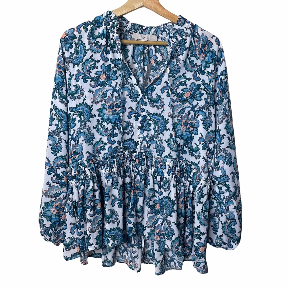 Loft Blue White Ruffle Tie Neck Top
